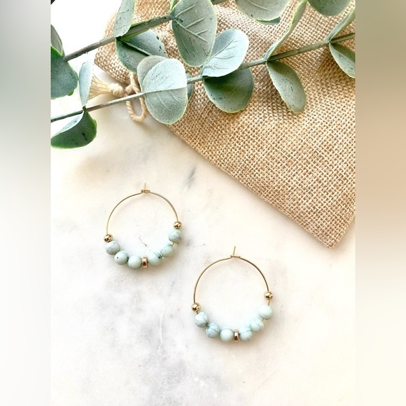 Handmade Jewelry - Turquoise and gold beaded gold Bohemian gold hoops